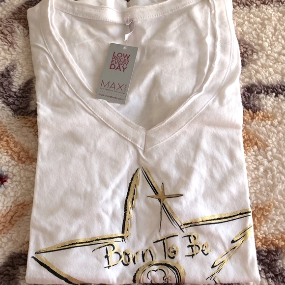 V-Neck White Cotton T Shirt Star Born to Be Famous Print T-Shirt by MAX rave - Picture 3 of 10